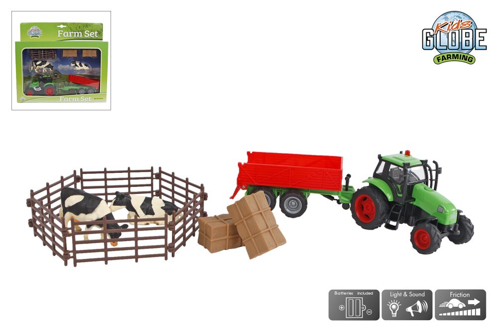 KIDS GLOBE FARM PLAYSET TRACTOR WITH TRAILER AND ACCESSORIES