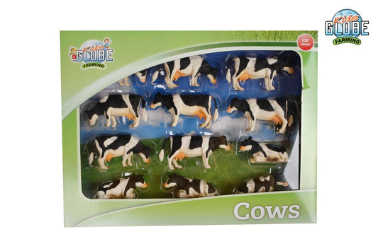 KIDS GLOBE COW 1:32 BLACK/WHITE LAYING/ STANDING 12 PCS IN GIFTBOX